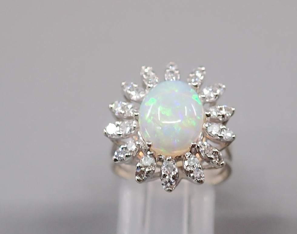 9CT WHITE GOLD OPAL & DIAMOND CLUSTER RING