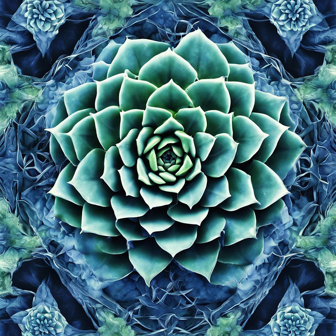 succulent and moss design filling the page, blue tinted, sacred geometry, .jpg