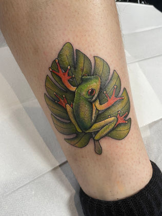 Colour neo traditional tattoo of a green frog on a lily leaf