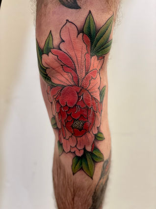 Colour neo traditional tattoo of a peony on a knee