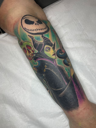 Colour tattoo of Disney's Maleficent and Jack Skellington
