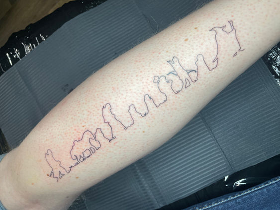 Fineline single continuous line tattoo of the fellowship from Lord of the Rings