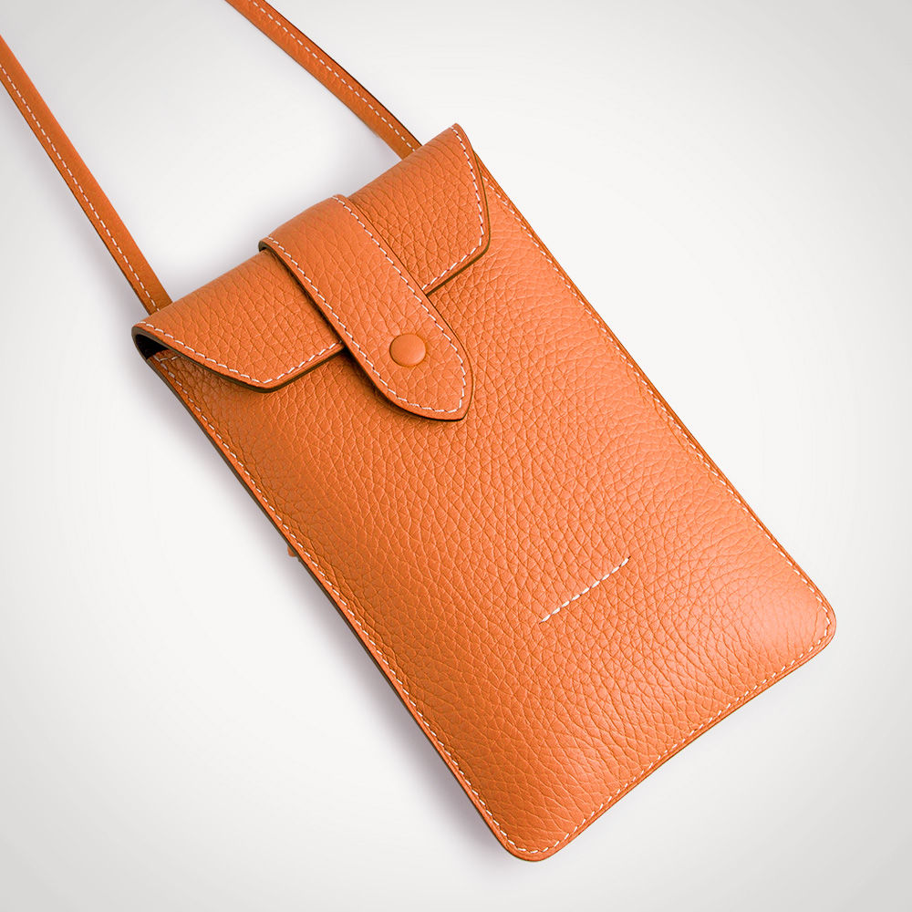 Orange bullcalf leather phone holder made in France