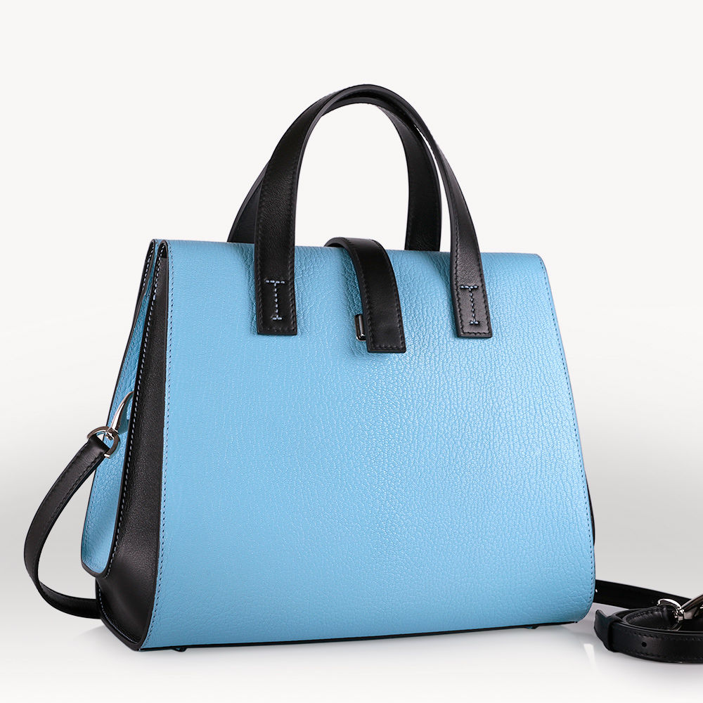 Frosted blue goat leather and black calf leather french luxury handbag
