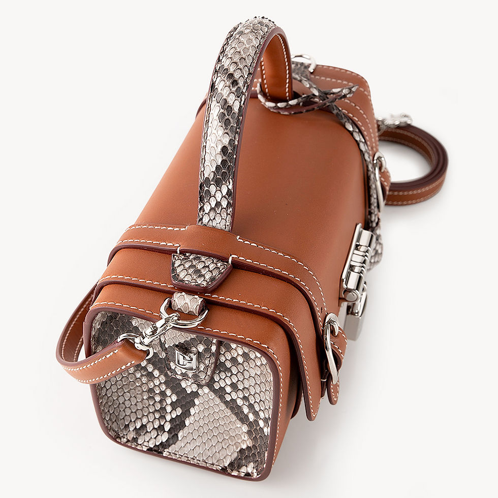 Thumbnail: Gold calf leather and natural python leather french luxury handbag