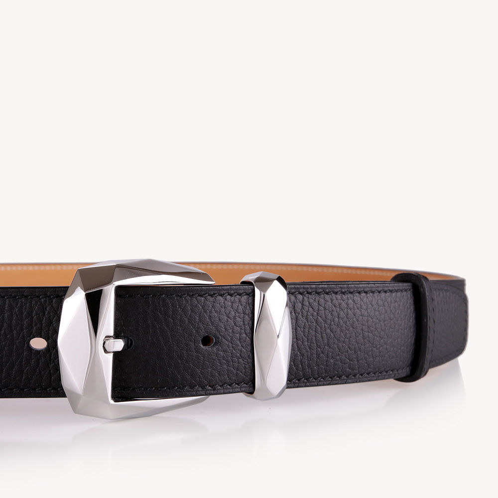 Black bullcalf leather belt with stainless ploished steel buckle made in France