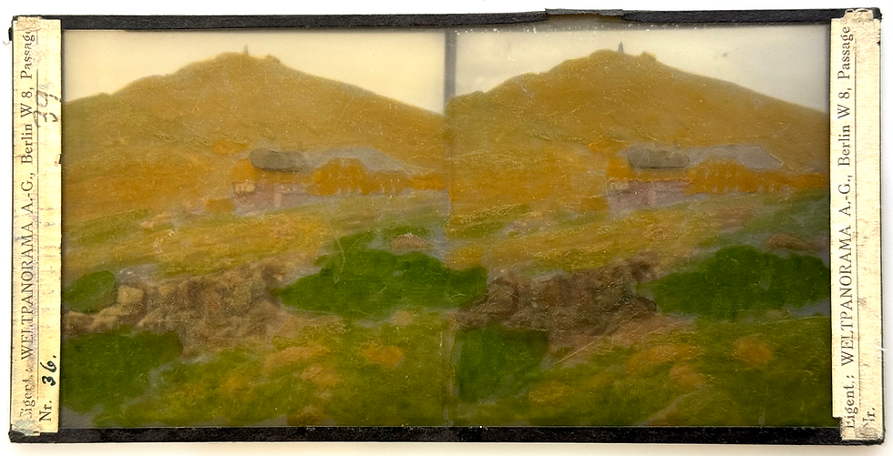 Miniature : Plaque de verre peinte vue stéréo "Refuge en montagne" circa 1910
