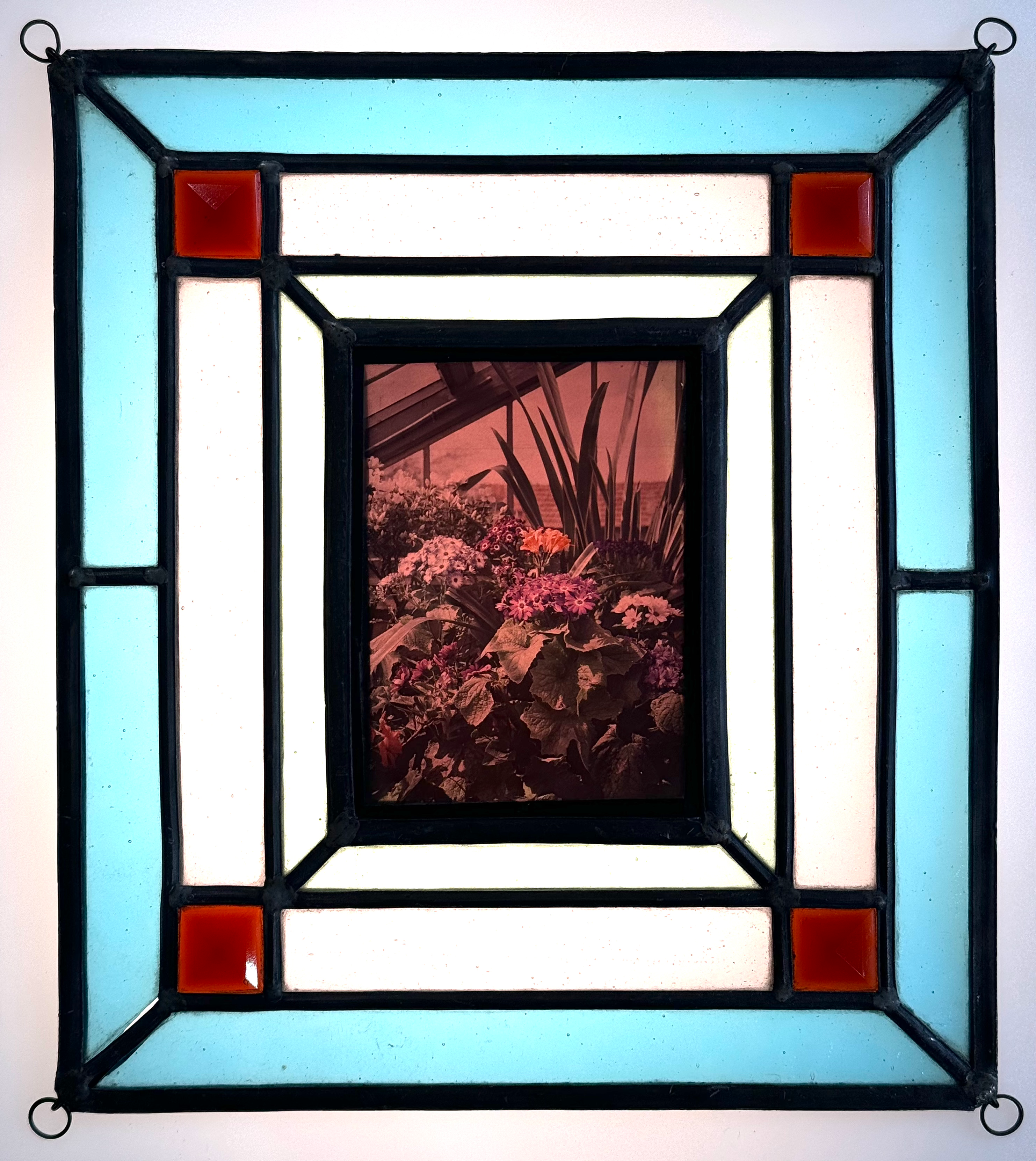 Autochrome "Flowers in the Greenhouse" framed stained glass circa 1910