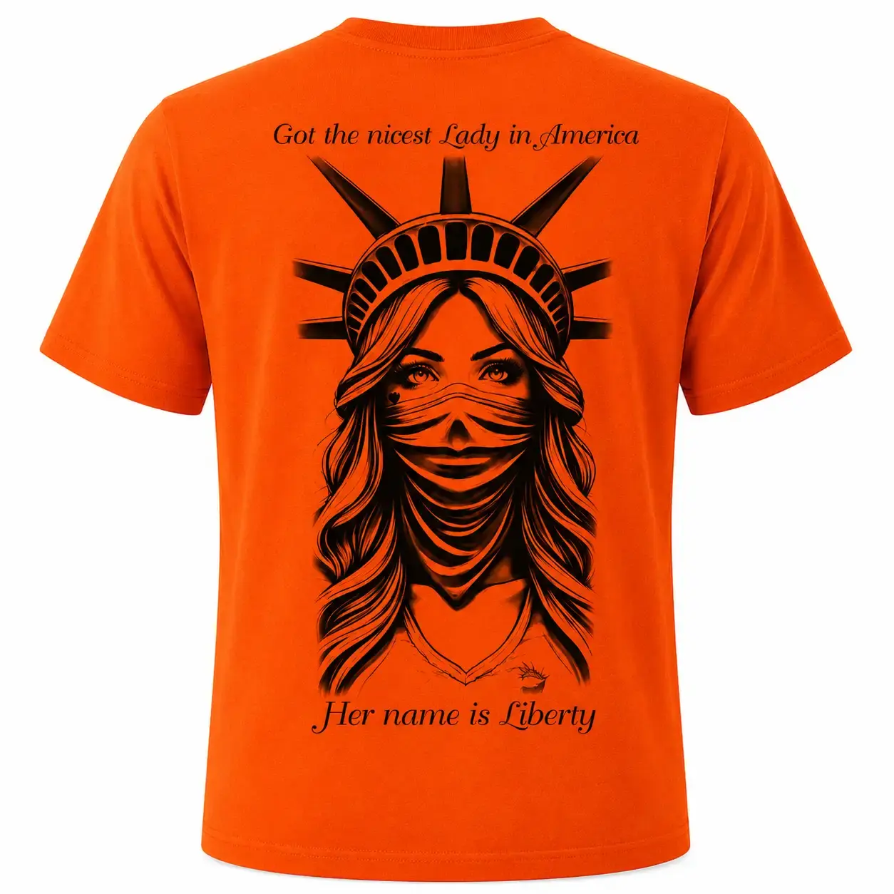 LADY LIBERTY T-SHIRT (FRONT & BACK) - ORANGE W/WHITE+BLACK LOGO (UNISEX)