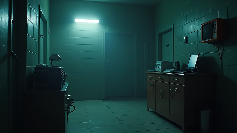 Eye-level view of scientific equipment set up in a dimly lit room for paranormal investigation