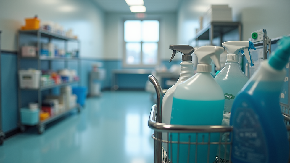 Close-up view of cleaning supplies and equipment on a cart