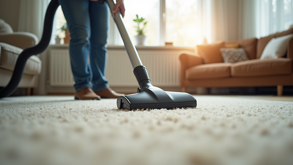 Eye-level view of a professional cleaner vacuuming a carpet in a living room