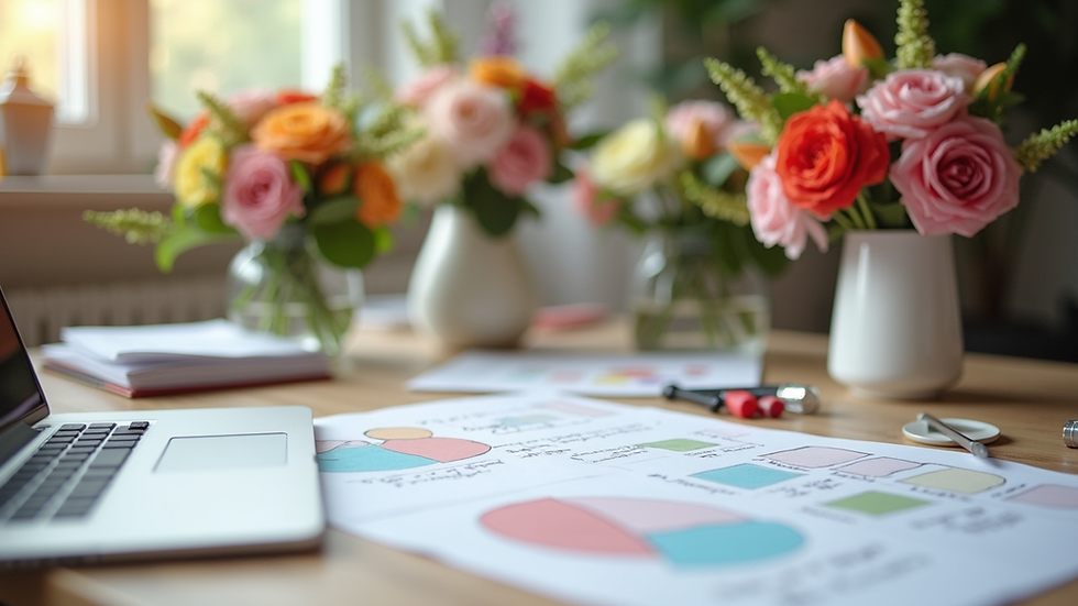 Eye-level view of a wedding planner’s desk with colourful floral arrangements and planning notes