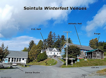 Sointua Winterfest Venue with buildings names overlaid on photograph. Dance Studio, F.O. (Finnish Order), Athletic Hall, and Forge as seen from the apprach on 1st street from the ferry