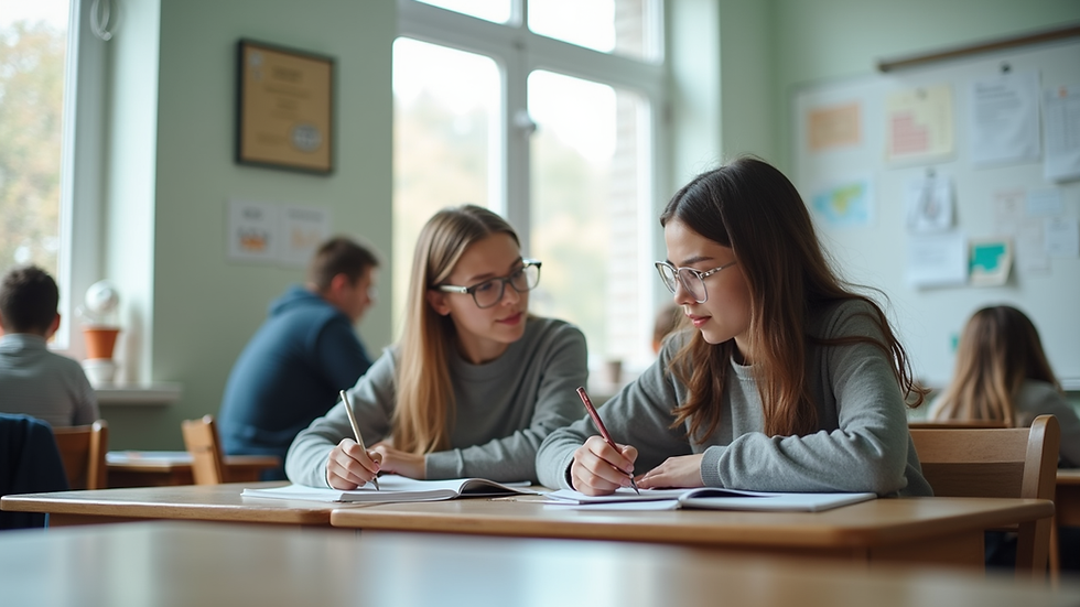 Eye-level view of a student studying with a tutor in a bright classroom