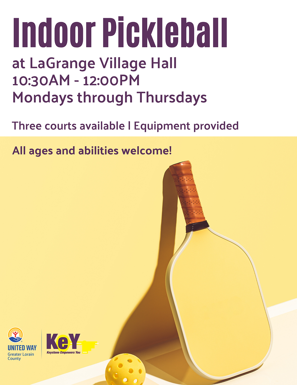 Indoor pickleball at LaGrange Village Hall, 301 Liberty Street. Every Tuesday 10:30 a.m.-12 p.m.