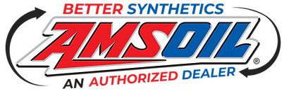 AMSOIL logo with red and blue colors, white outline, and black background.