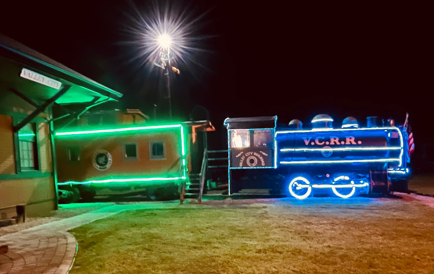 Illuminated V.C.R.R. train at night