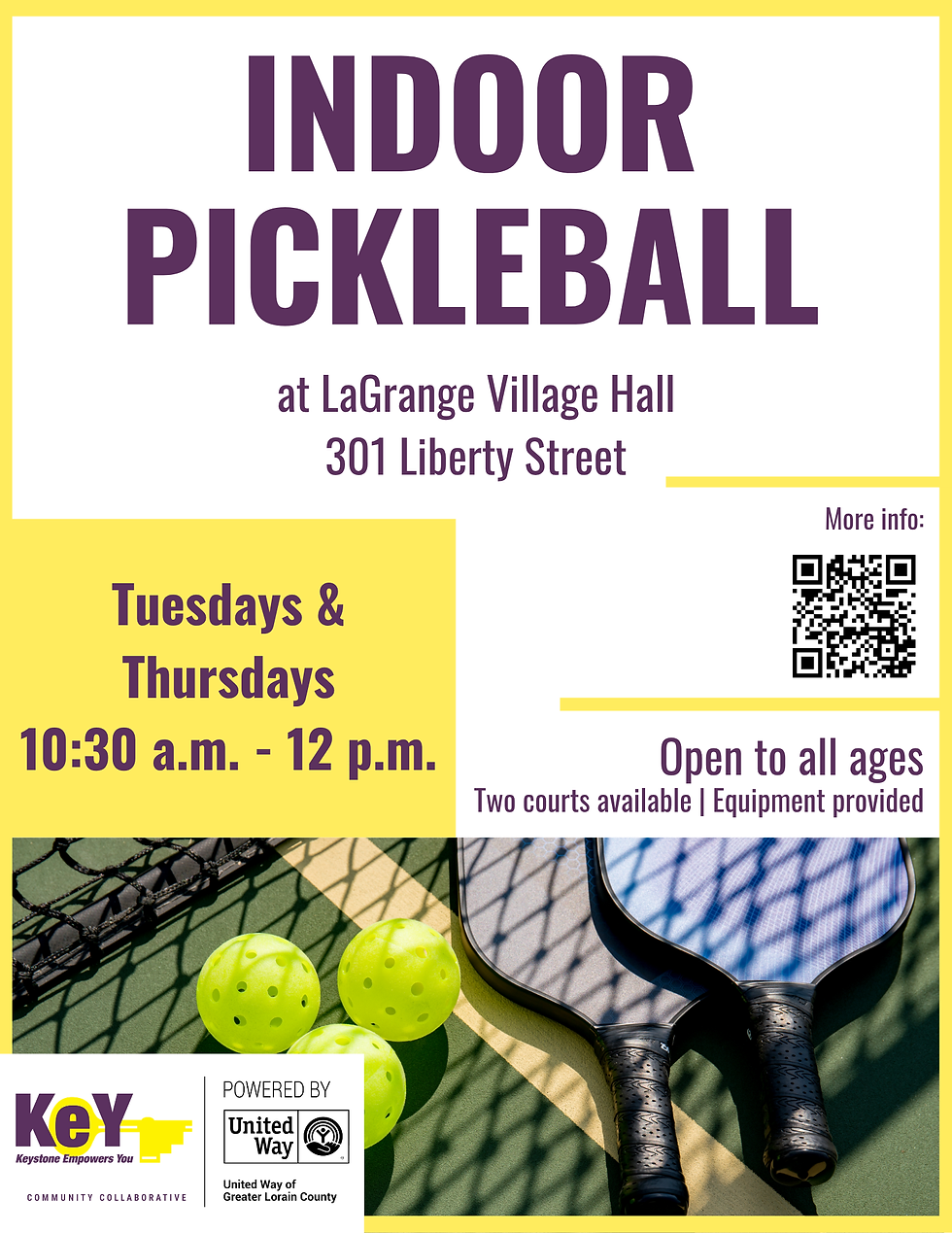 Indoor pickleball at LaGrange Village Hall, 301 Liberty Street. Every Tuesday 10:30 a.m.-12 p.m.