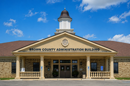 The Brown County Administration Building entrance with cupola.