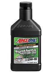 AMSOIL Synthetic Motor Oil bottle with label, zero-W-sixteen oil, background white.