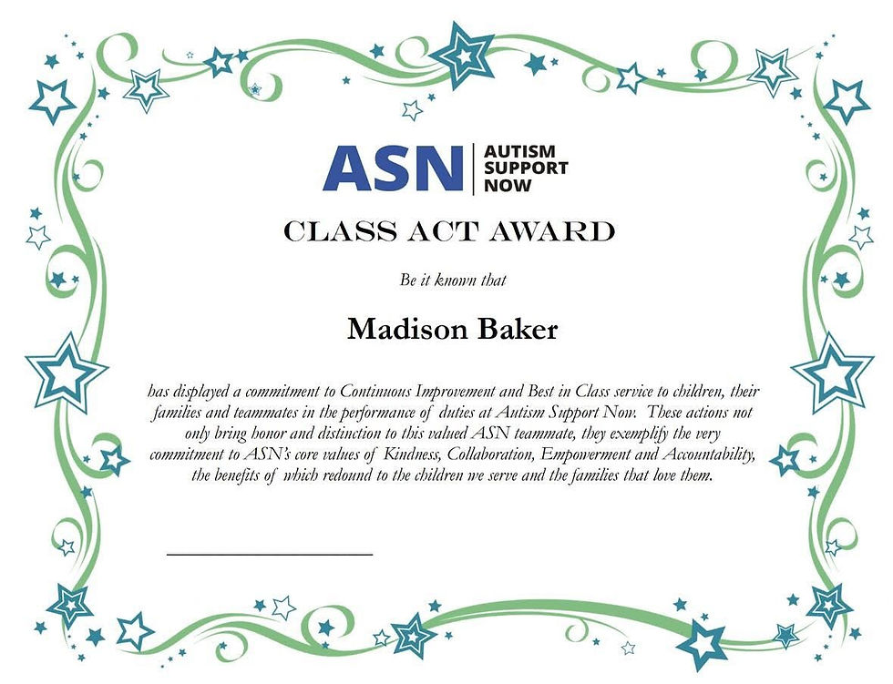 Madison Baker is Given the Class Act Award at Autism Support Now.