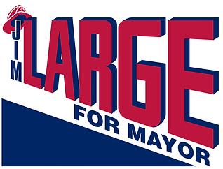 Jim Large logo, his name with a fire helmet in red white and blue