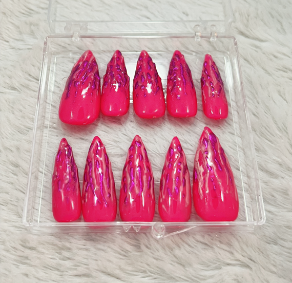 Hot pink chrome drip press-on nails