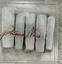 White and gold marble press-on nails with glossy finish