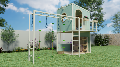 בית משחק לילדים עם גשר טיפוס נדנדה ומטבח חוץ בעיצוב מותאם אישית