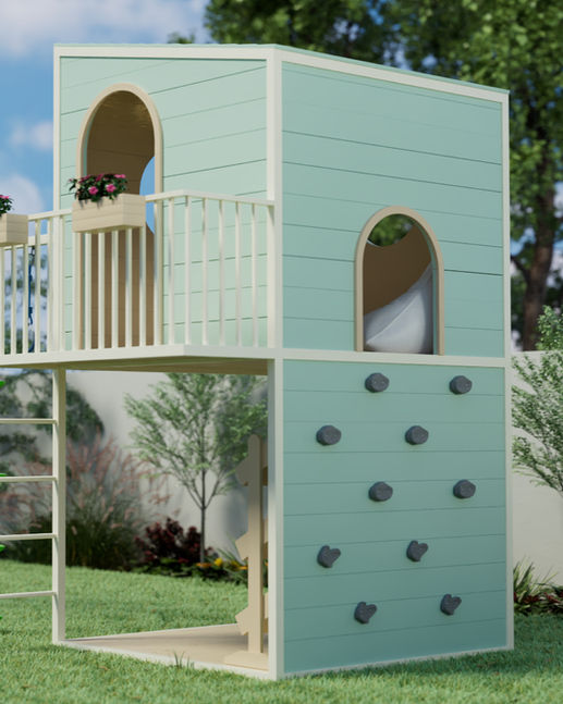 בית עץ לילדים עם מרפסת קיר טיפוס בגובה וצבע מנטה בעיצוב אישי