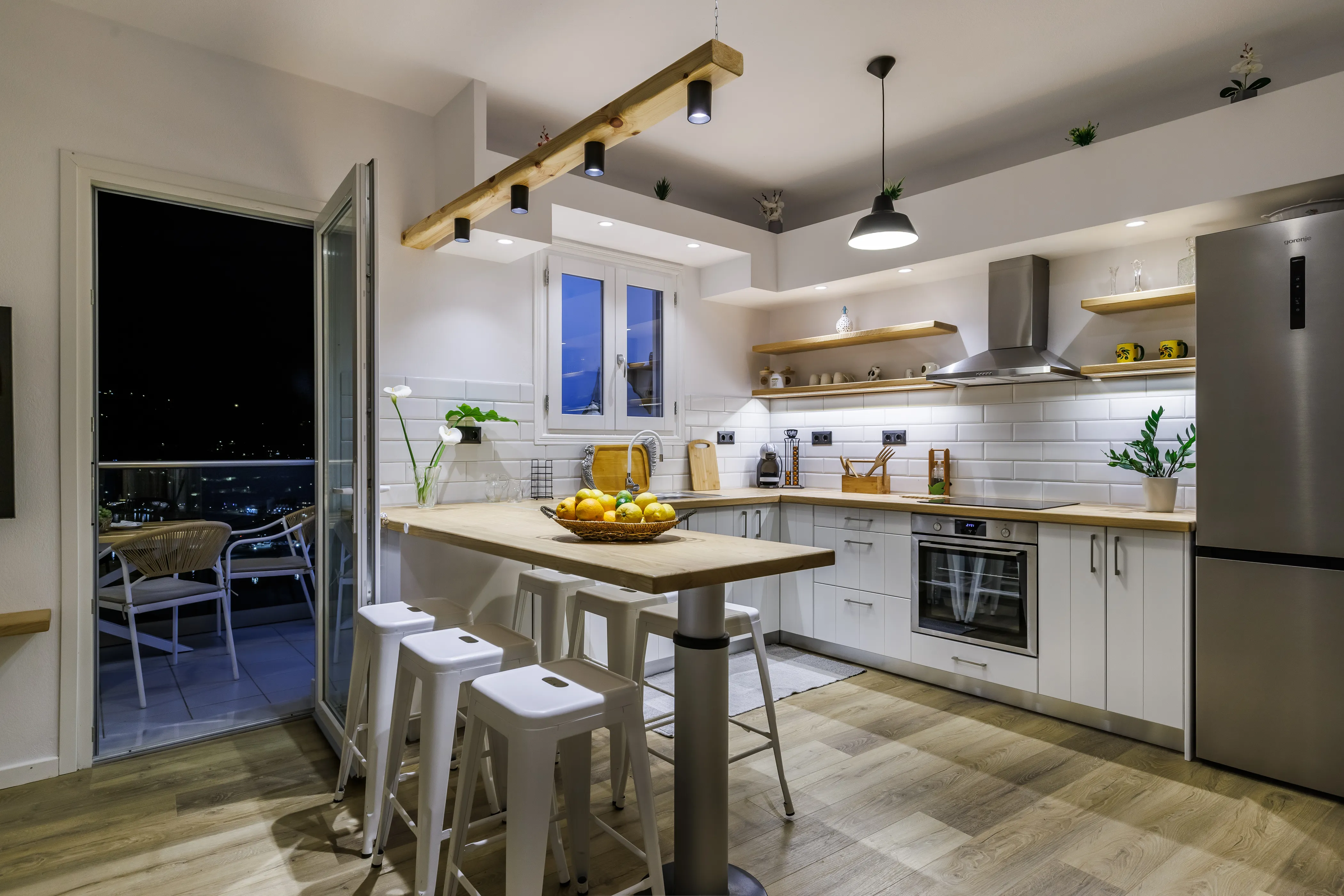 Koukou house Skopelos Town kitchen at night