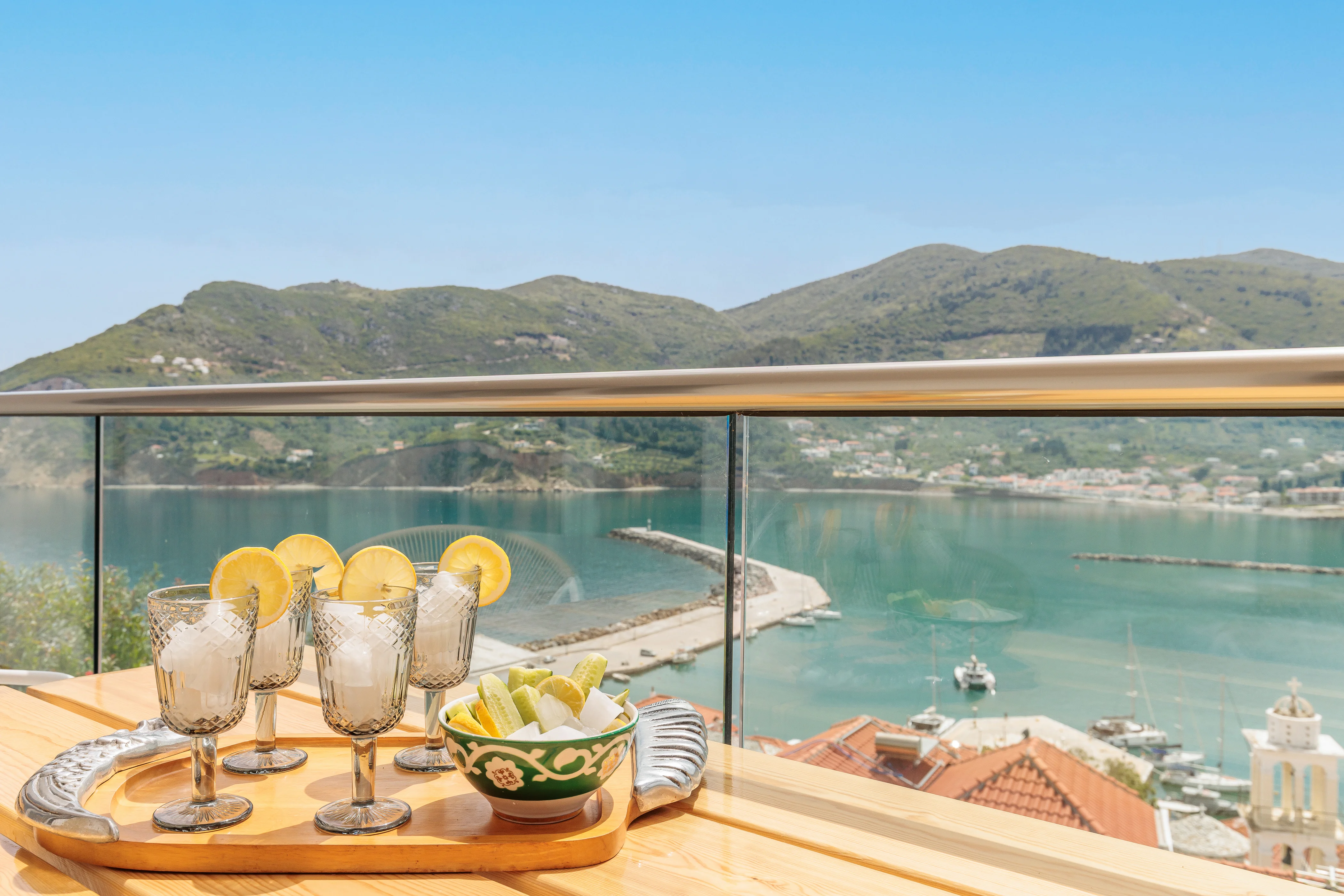 Koukou House balcony view of Skopelos Town