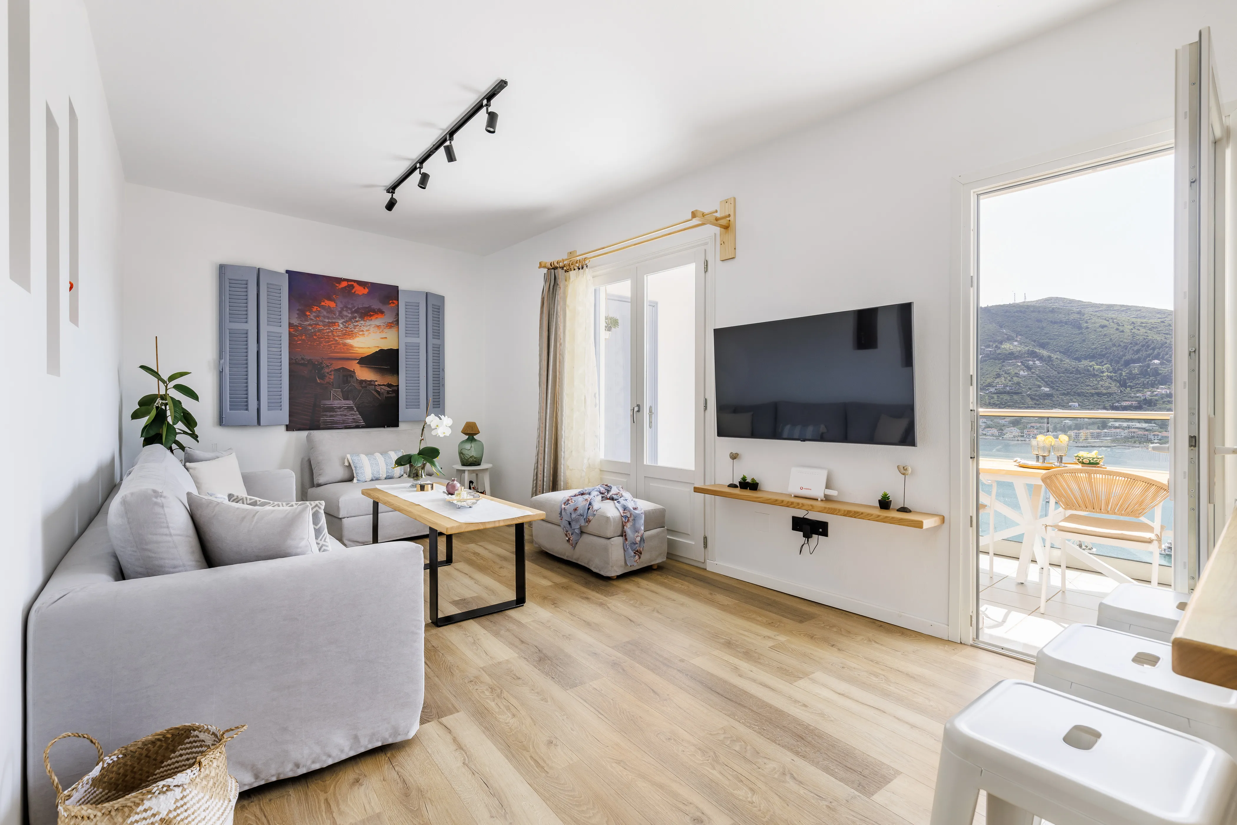Koukou house living room with a view of Skopelos Town