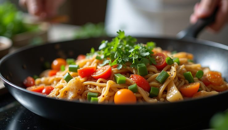 Close-up view of a colorful homemade vegetable stir-fry in a pan