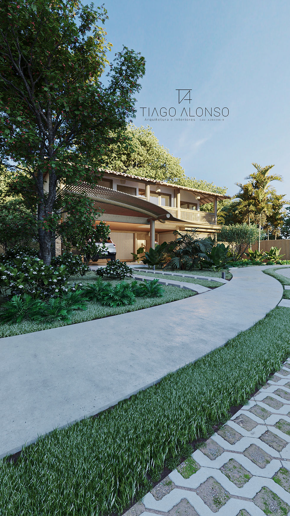 Fachada de projeto residencial de arquitetura humanizada em Santa Cruz Cabrália no Vila da Vila em Santo André Bahia.