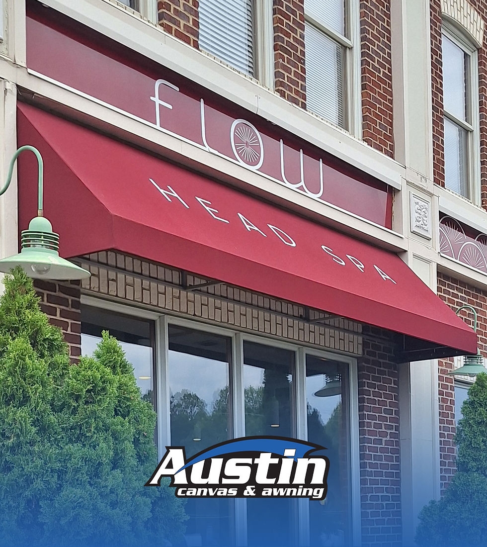 Austin Canvas & Awning installed this custom awning with graphics for Flow Head Spa in Cornelius, NC. High-quality commercial awnings in Charlotte, NC, provided by Austin Canvas & Awning.