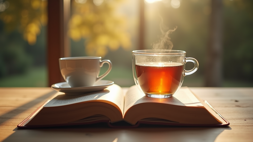 Vista a nivel de ojo de una taza de té y un libro abierto sobre una mesa de madera
