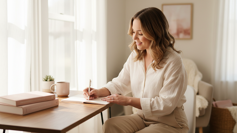 Plano medio de una persona escribiendo en un cuaderno en un espacio luminoso y acogedor