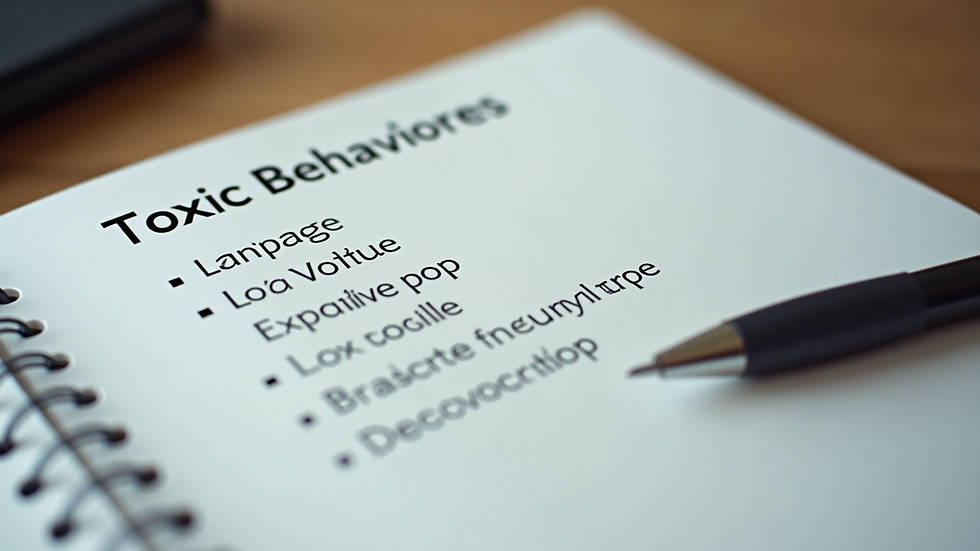 Close-up of a notebook with a list of toxic behaviors and a pen