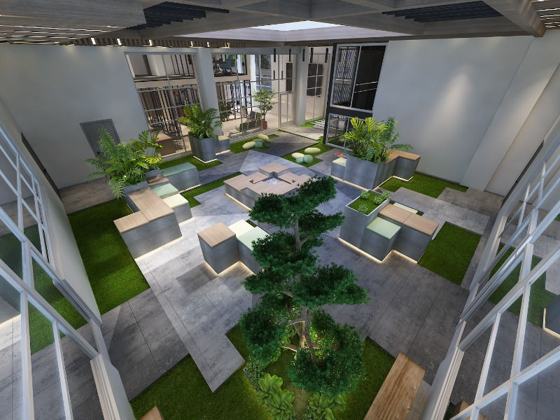 Communal space with indoor hard and soft landscape