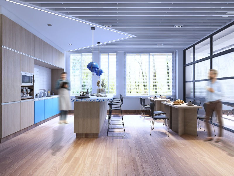 Modern office kitchen with clean finishes and details for employees to enjoy lunches