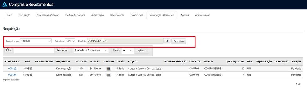 tela de itens de requisição de compras sistema applix