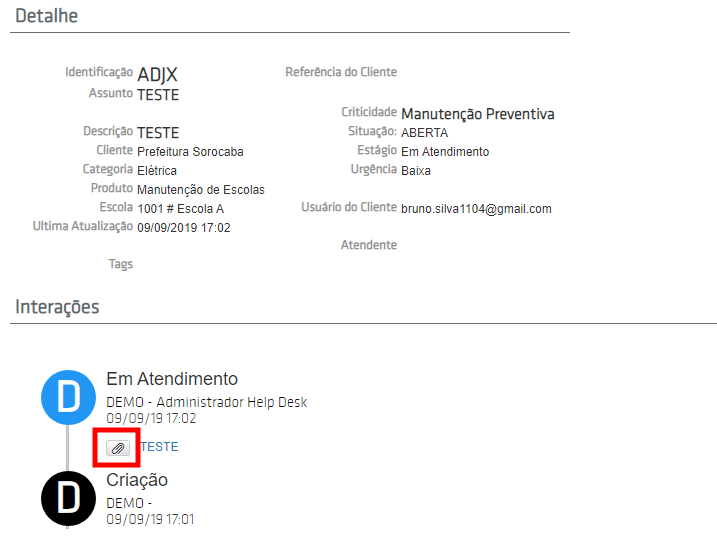 Exemplo de anexo na interação da ocorrência