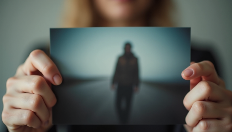 Close-up view of a person holding a blurred photograph, symbolizing memory confusion