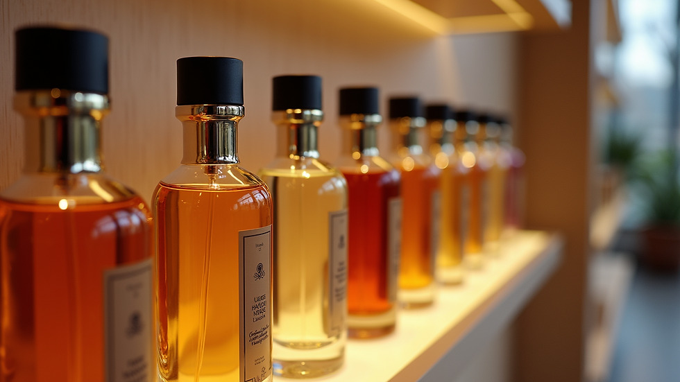 Close-up view of a variety of perfume bottles on a display shelf