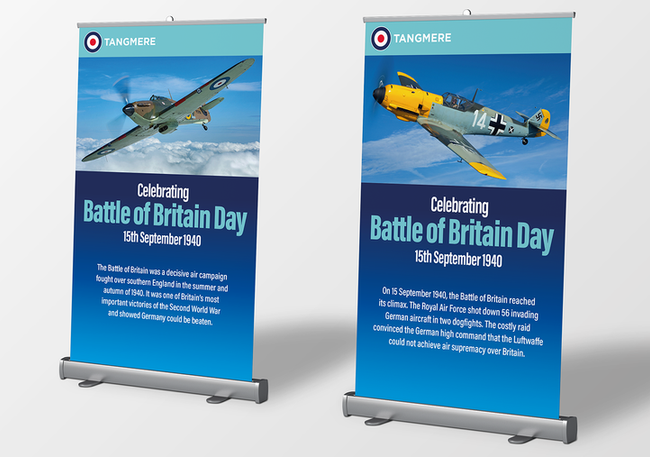 Graphic Design / Layout / Typography / Copywriting

From a set of 12 visitor information pull-up banners depicting various timelines from the Battle of Britain using period illustrations and photographs. Designed to work alongside a suite of printed assets.

Two or three days spent sifting through new and period shots of aircraft from the Battle of Britain. Oh joy.