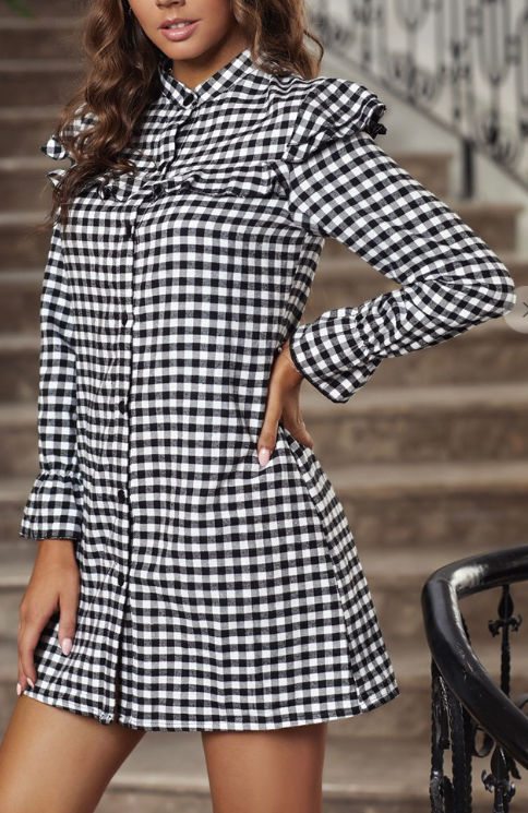 Thumbnail: Plaid Ruffle Bottoned Long Sleeve Dress