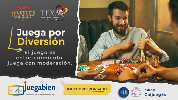 Dos hombres jugando poker, texto: Juega por Diversión, JUEGO RESPONSABLE, Coljuegos, +18