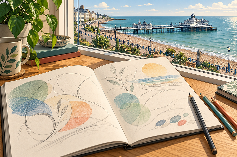 Illustration of an open sketchbook with unfinished pencil drawings and soft colour studies beside a window overlooking Eastbourne beach and pier.